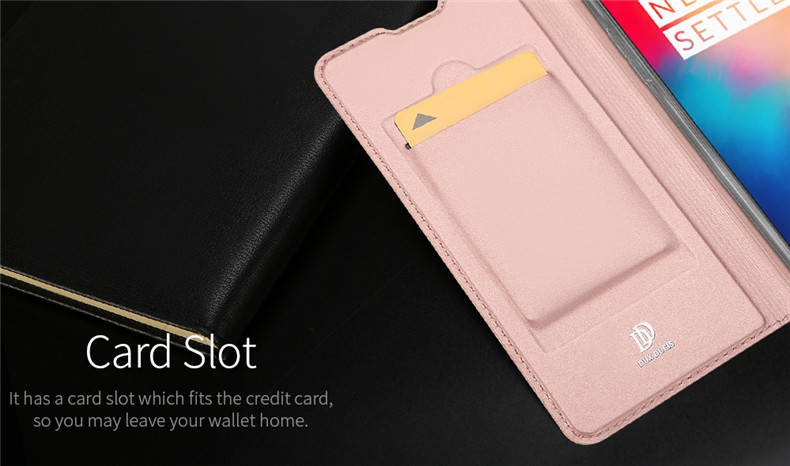 DUX DUCIS Shockproof Flip PU Leather Card Slot Full Cover Protective Case for OnePlus 6T - 0.09kg