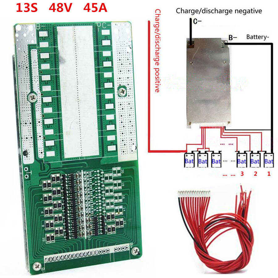 48V 13S 45A Li-ion Lipolymer Battery Protection Board BMS PCB With Balance - 0.07kg
