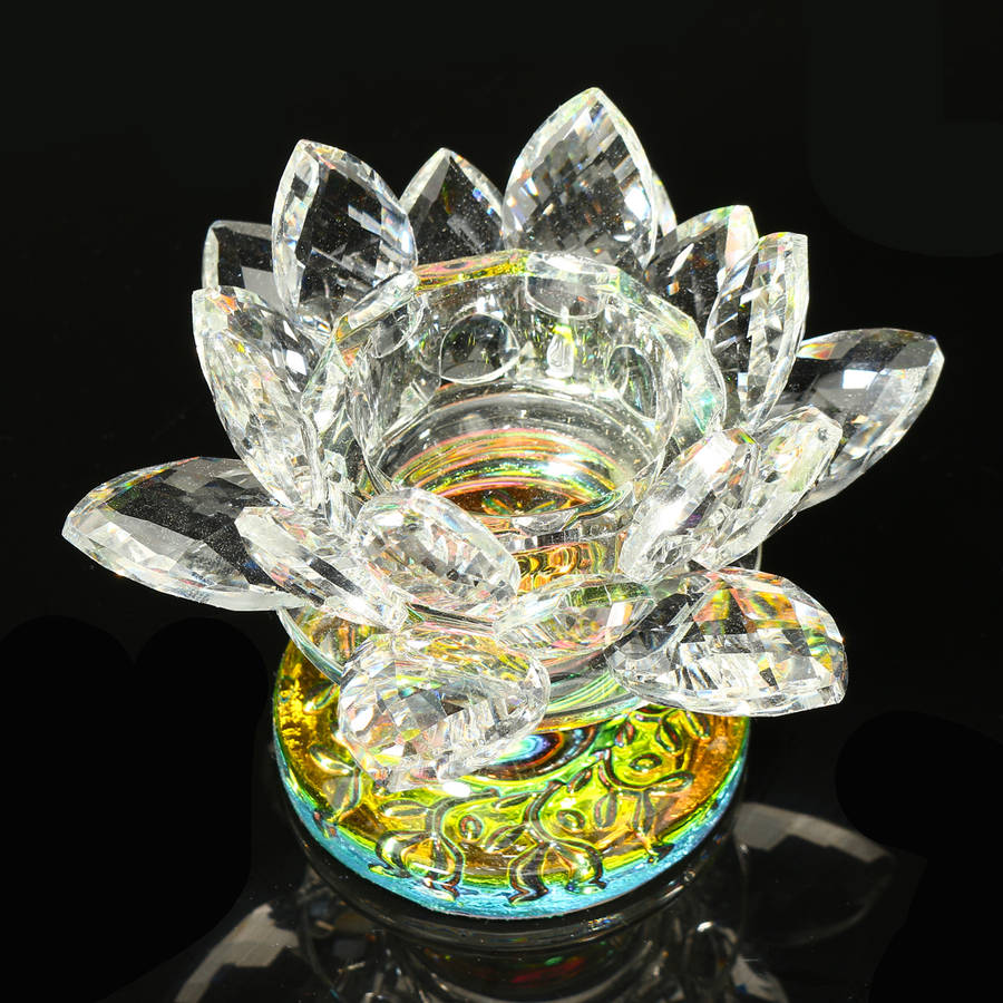 5 Colors Crystal Glass Lotus Flower Tea Light Candle Holder Buddhist Candles