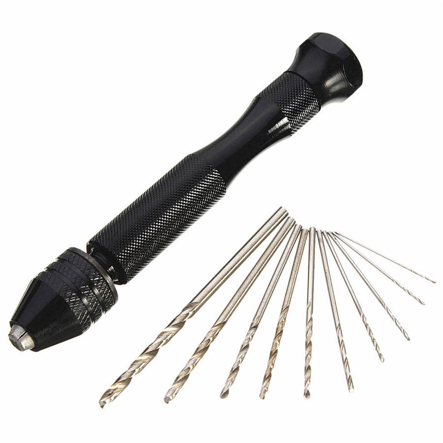 Drillpro Mini Aluminum Hand Drill with Keyless Chuck and 10 Twist Drills Rotary Tool