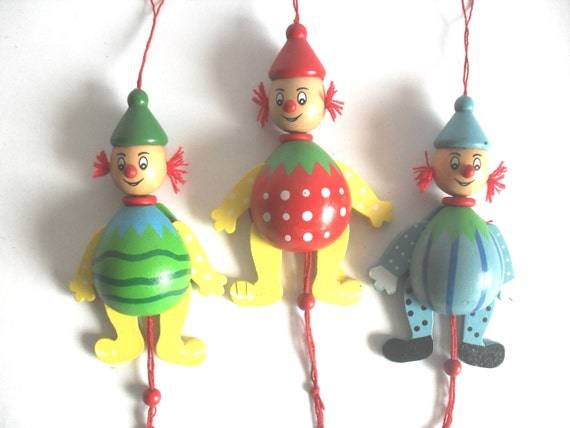 Vintage wooden toys - moving clowns, set of 3
