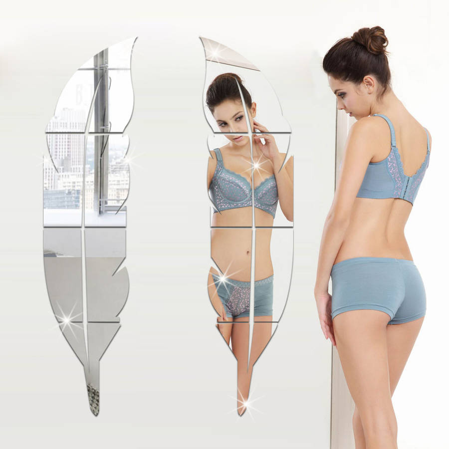 Honana Removable 3D Feather Wall Stickers  Dressing Mirror Bathroom Decoration Self-adhesive Mirror