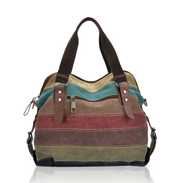 Women Casual Stripe Canvas Handbags Micro-Fibric Leather Shoulder Bags Contrast Color Crossbody Bags