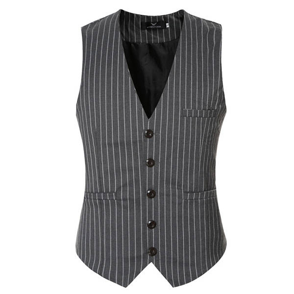 Mens Casual Vertical Stripes Business Slim Short Waistcoats V-neck Dress Suit Vest