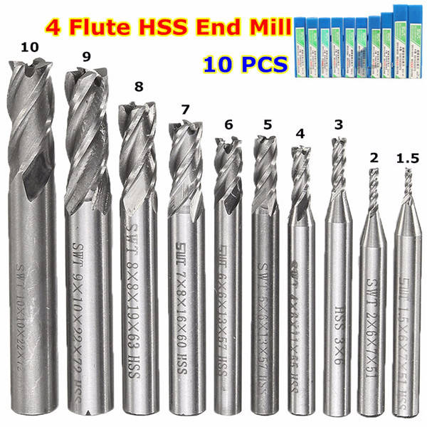10pcs HSS 4 Flute CNC End Mill Cutter 1.5-10mm Straight Shank End Mill Cutter
