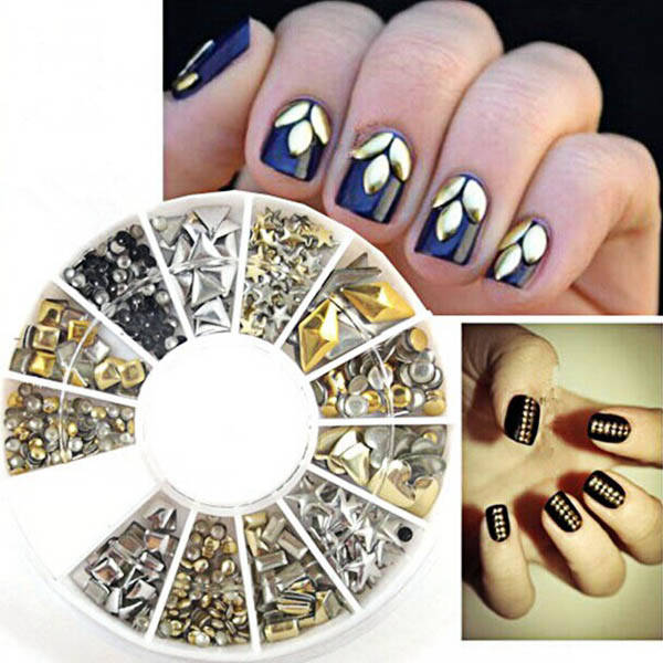 12 Mixed Styles 3D Gold Silver Metal Rivets Nail Decoration Wheel