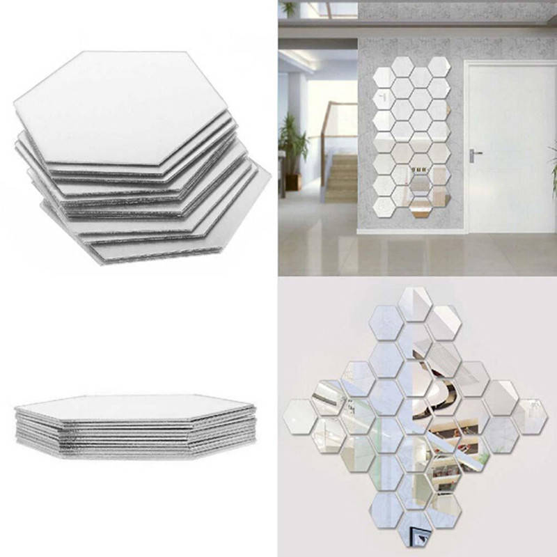 Honana DX-Y5 12Pcs Cute Silver DIY Hexagon Mirror Wall Stickers Home Wall Bedroom Office Decor