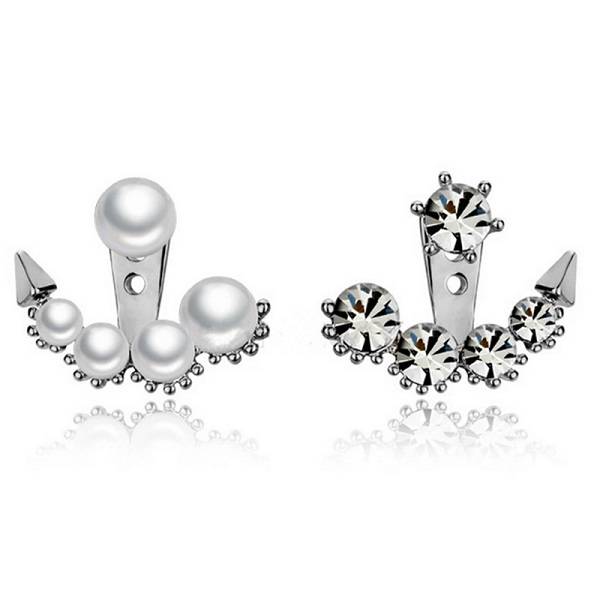 Korean Asymmetric Pearl Crystal Rhinestone Ear Stud Earrings For Women (COLOR: SILVER)
