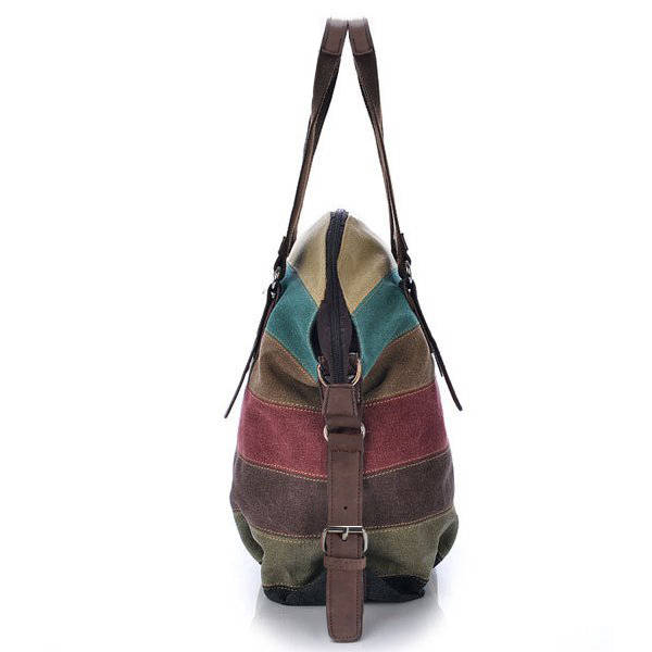Women Casual Stripe Canvas Handbags Micro-Fibric Leather Shoulder Bags Contrast Color Crossbody Bags