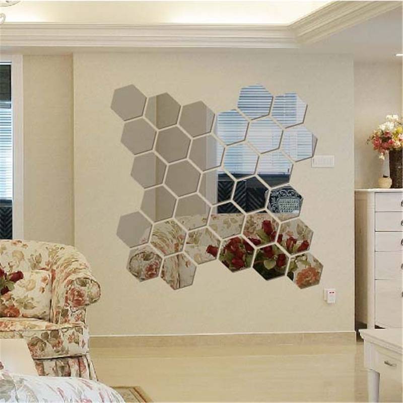 Honana DX-Y5 12Pcs Cute Silver DIY Hexagon Mirror Wall Stickers Home Wall Bedroom Office Decor