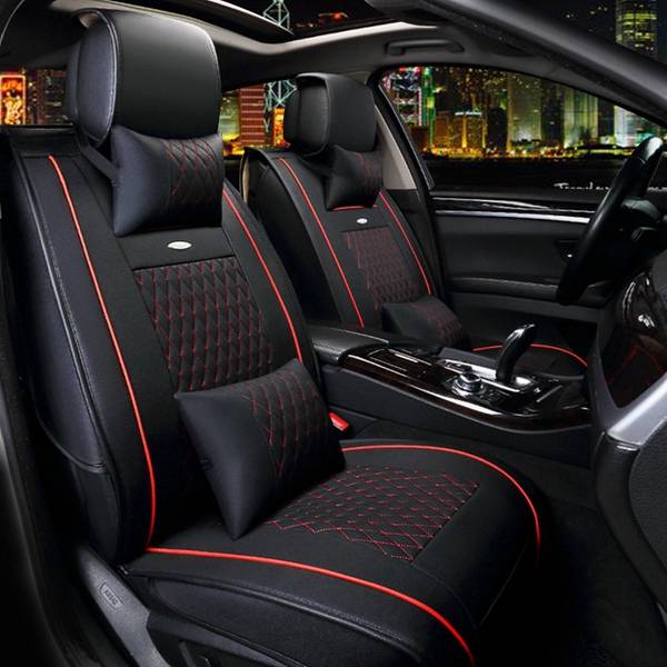 + 10pcs PU Leather Car Seat Cover 5 Seat Front and Rear Seat Cover Set Full Surround Needlework