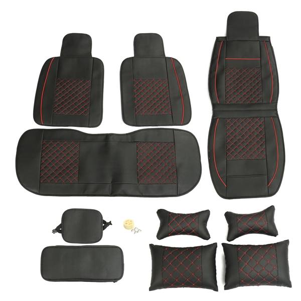 + 10pcs PU Leather Car Seat Cover 5 Seat Front and Rear Seat Cover Set Full Surround Needlework