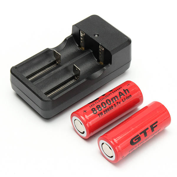 2pcs GTF 26650 3.7V 8800mAh Rechargeable Li-ion Battery + Dual Smart Charger