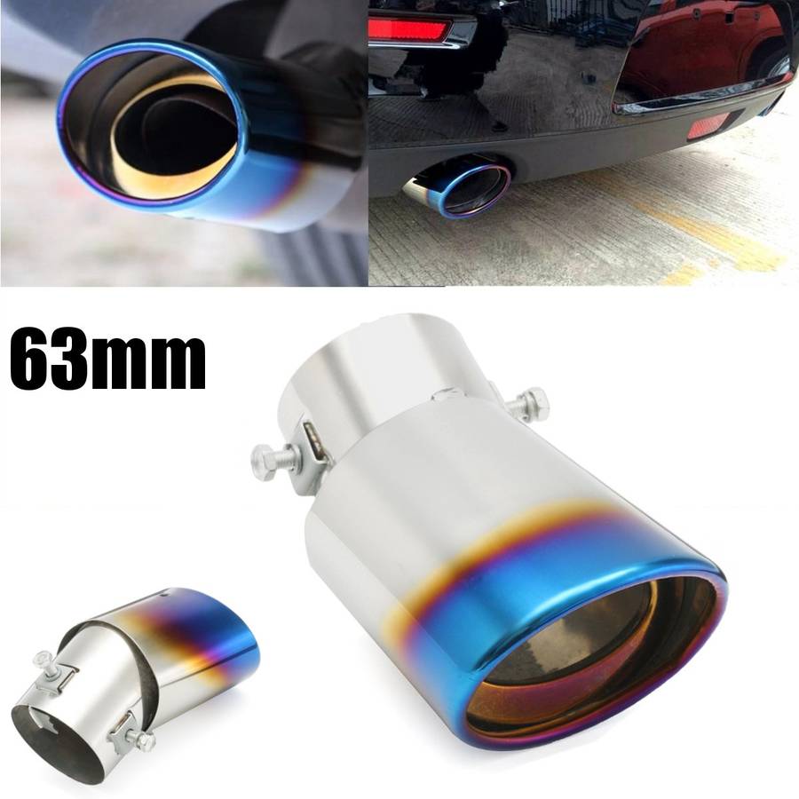 63mm Inlet Car Exhaust Muffler Tip Pipe Stainless Steel Chrome Grilled Blue