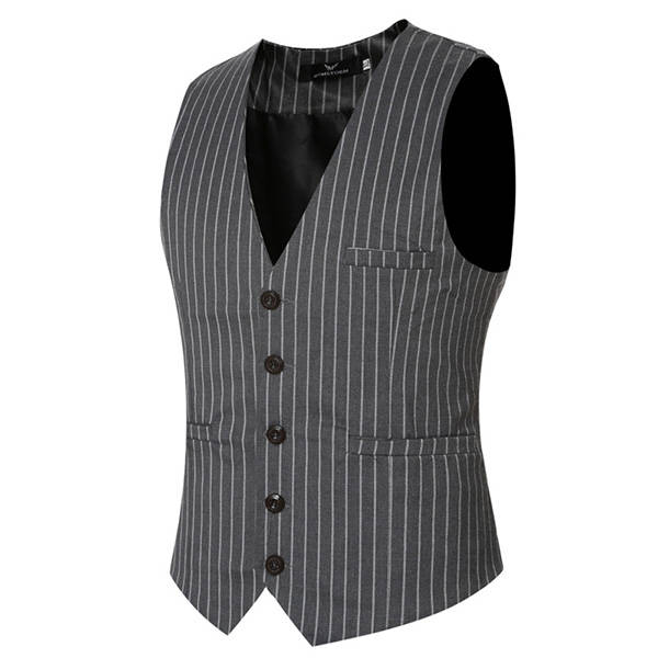 Mens Casual Vertical Stripes Business Slim Short Waistcoats V-neck Dress Suit Vest