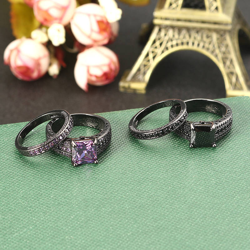 INALIS 2 Pcs Gun Black Plated Retro Zircon Full Rhinestone Ring Crystal Diamond Rings