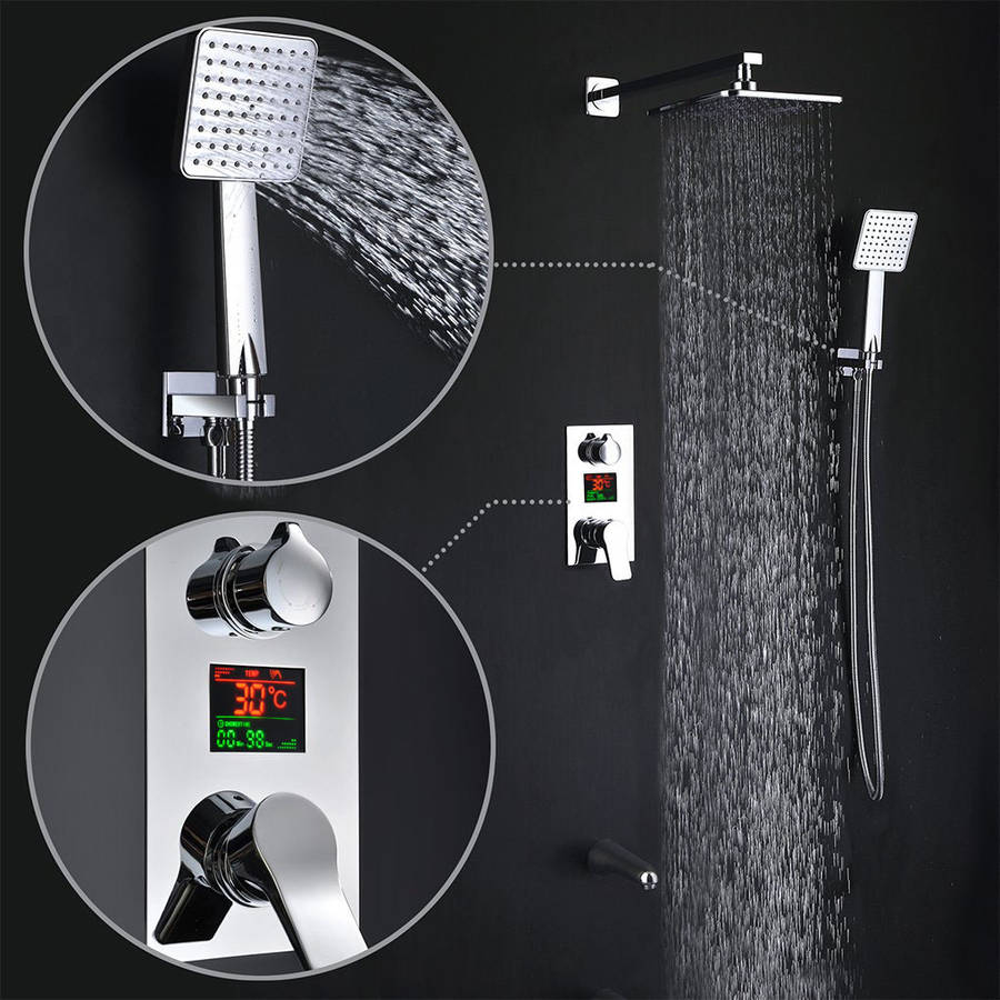 KCASA KC-S100 LED Digital Display Wall Mount Bathroom Rain Mixer Shower Set Three Ways Shower System