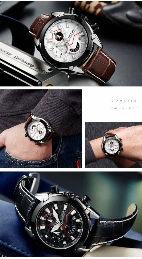 MEGIR 2065 Sport Watches Creative Chronograph Quartz Leather Strap Men Watch