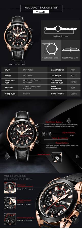 MEGIR 2065 Sport Watches Creative Chronograph Quartz Leather Strap Men Watch