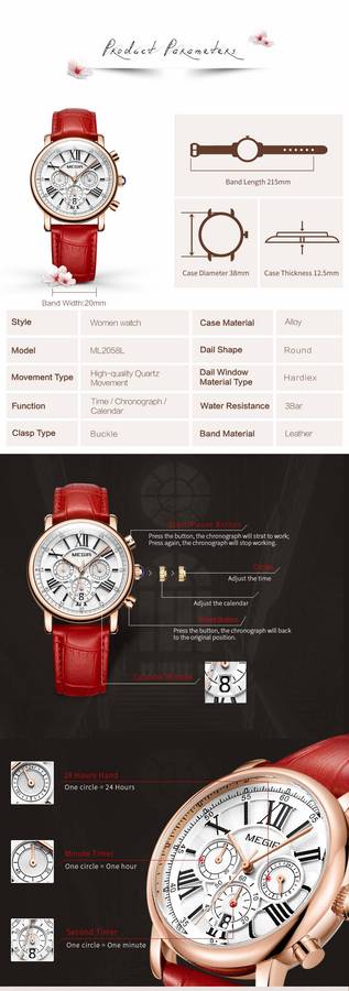 MEGIR 2058 Women Watch Luxury Roman Number Leather Strap Ladies Quartz Watch