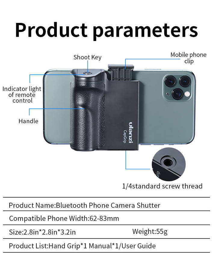 Ulanzi CapGrip Wireless Bluetooth Smartphone Selfie Booster Handle Grip Phone Stabilizer Stand Holder Shutter Release with 1/4 Screw for Smartphone Mobile Phone