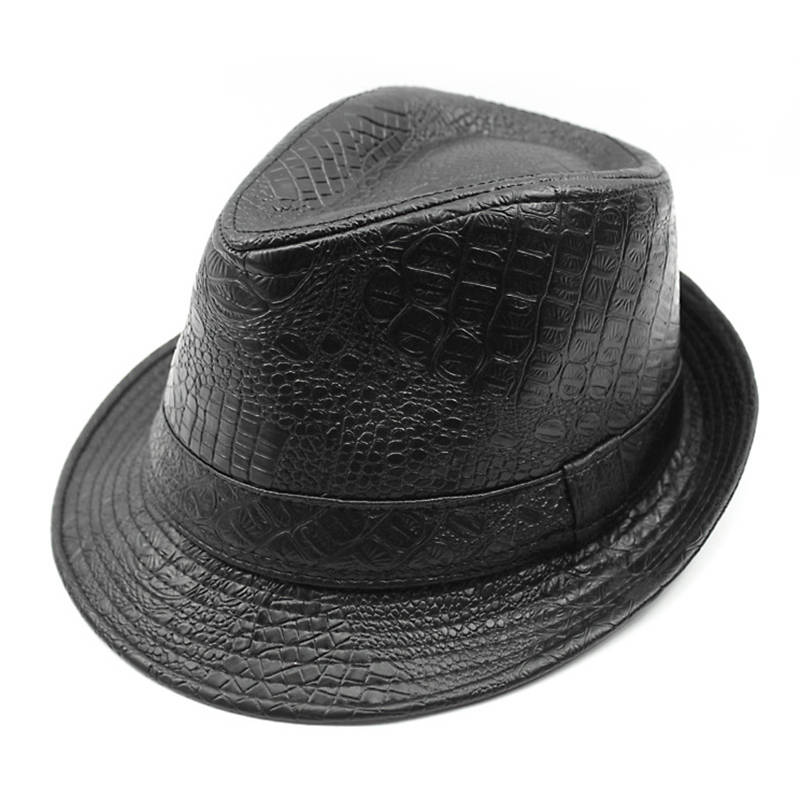 Mens PU Leather Crocodile Pattern Jazz Hat Outdoor Middle-aged Wide Brimmed Fedora Hat (Color Black)