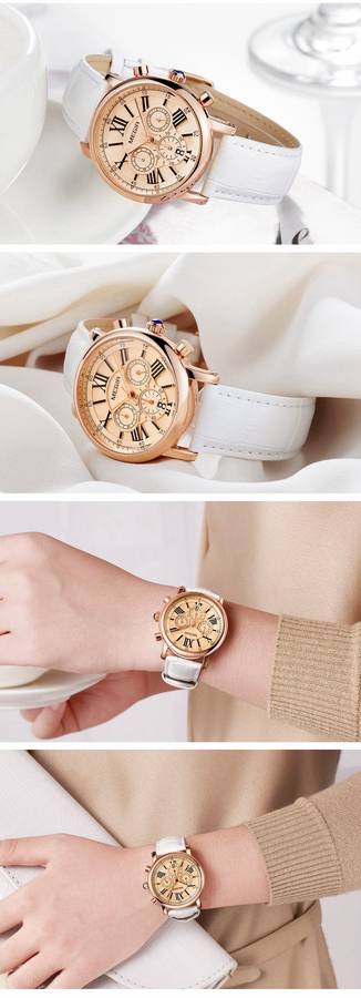 MEGIR 2058 Women Watch Luxury Roman Number Leather Strap Ladies Quartz Watch