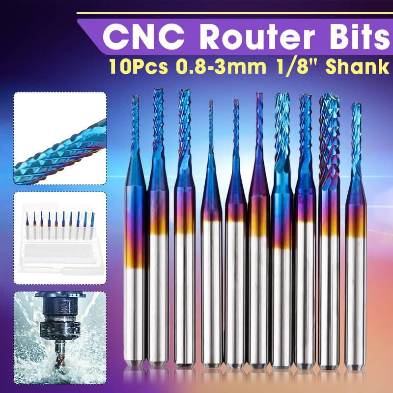 10Pcs 0.8-3mm Blue Nano Coating Engraving Milling Cutter Carbide End Mill CNC Router Bits 1/8 Inch Shank