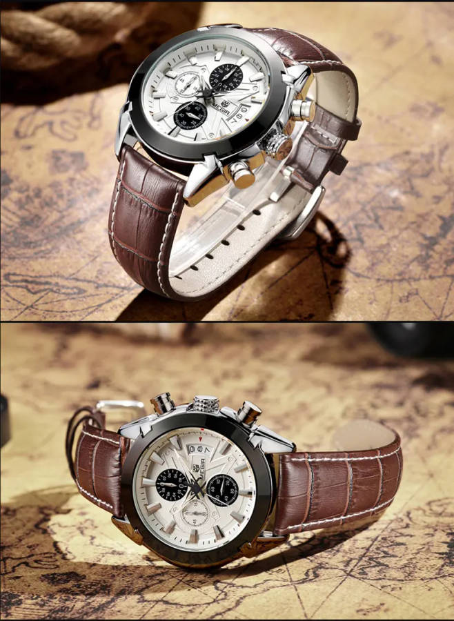 MEGIR M2015 Men Watch Leather Strap Multifunction Chronograph Fashion Casual Quartz Wrist Watch