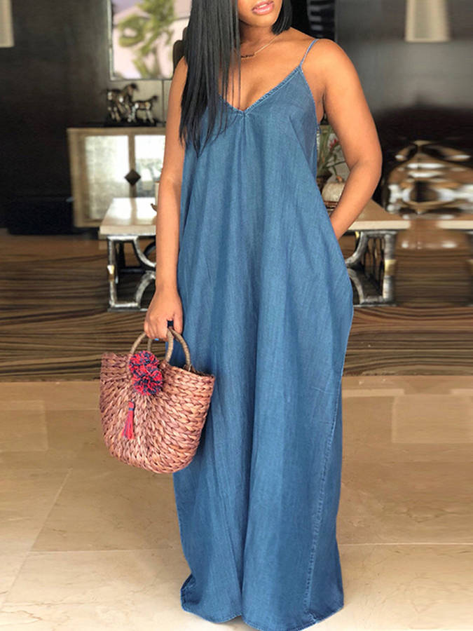 S-5XL Plus Size Sleeveless Strappy Long Denim Dress