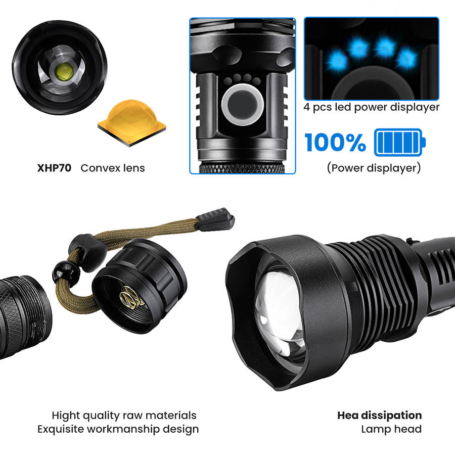 XANES XHP70.2 9000LM Zoomable LED Flashlight Kit with 2x 26650 Li-ion Battery USB Rechargeable Super Bright LED Searchlight For Cycling Fishing Hunting