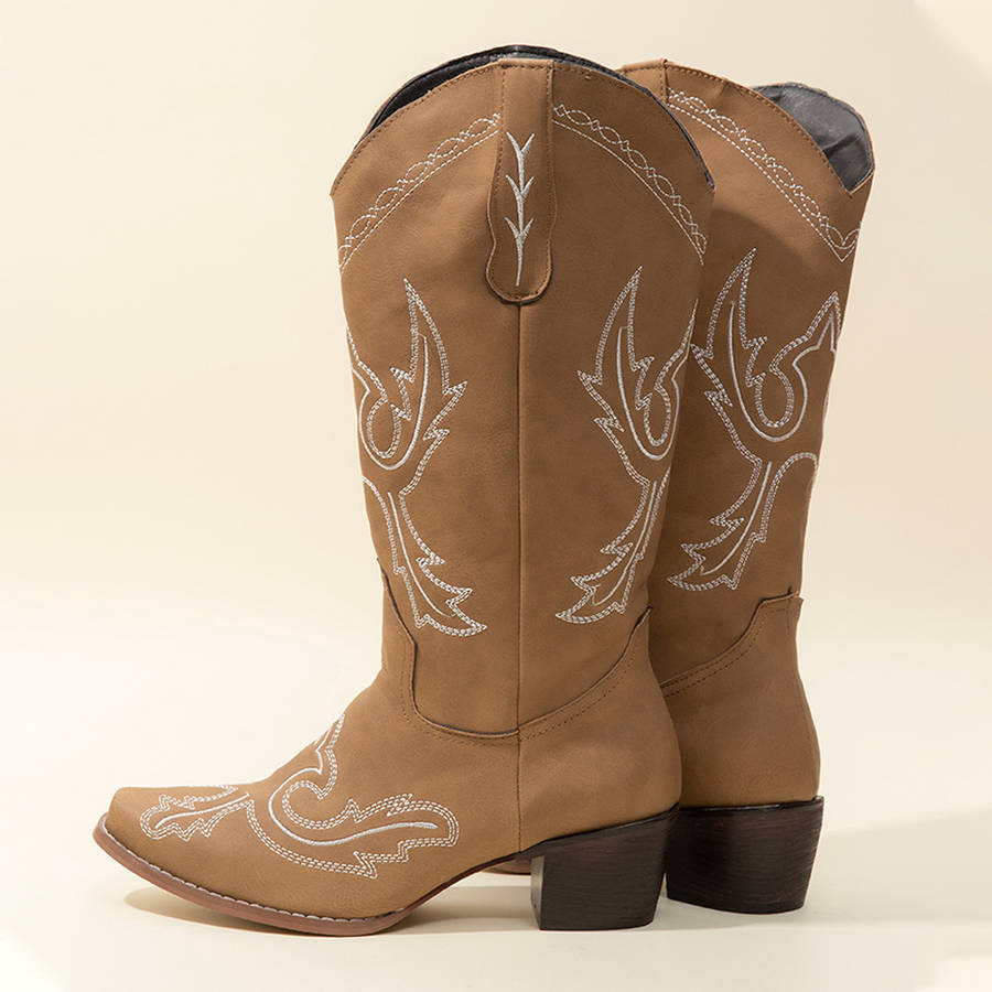 Plus Size Women Retro Embroidered Chunky Heel Mid Calf Cowboy Boots