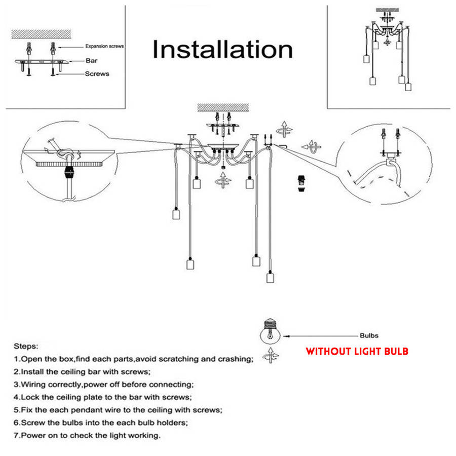 E27 1/2/3/4/5/6/7/8 Heads 1.2M Ethereal Glow Shade Ceiling Chandelier Light Black Wire Pendant Hanging Lampholder 110V-220V
