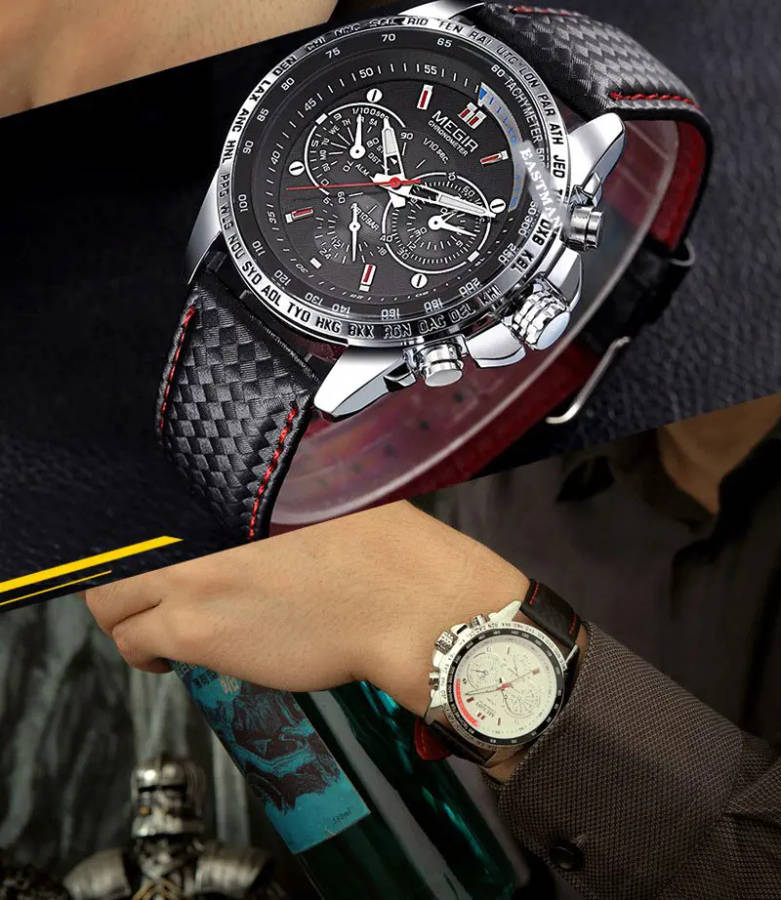 MEGIR 1010 Brand Men Watch Alloy Case Leather Strap Lumious Male Sport Casual Quartz Wrist Watch