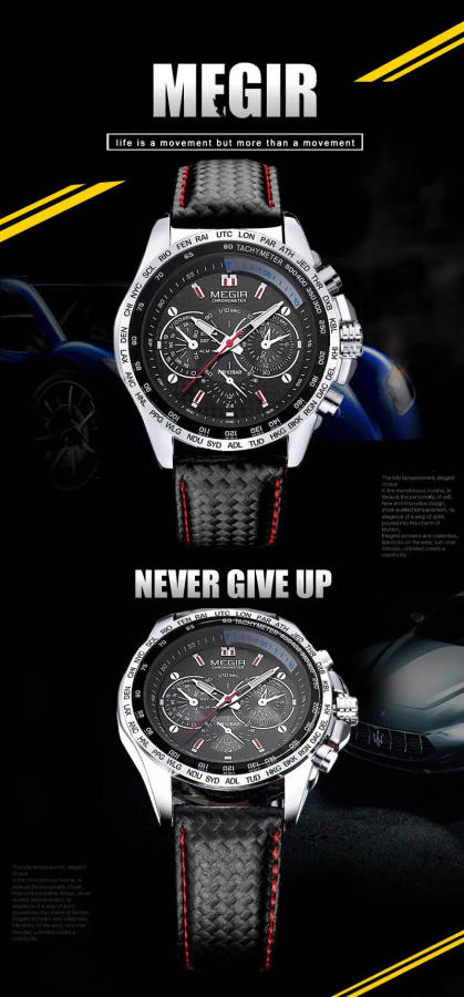 MEGIR 1010 Brand Men Watch Alloy Case Leather Strap Lumious Male Sport Casual Quartz Wrist Watch