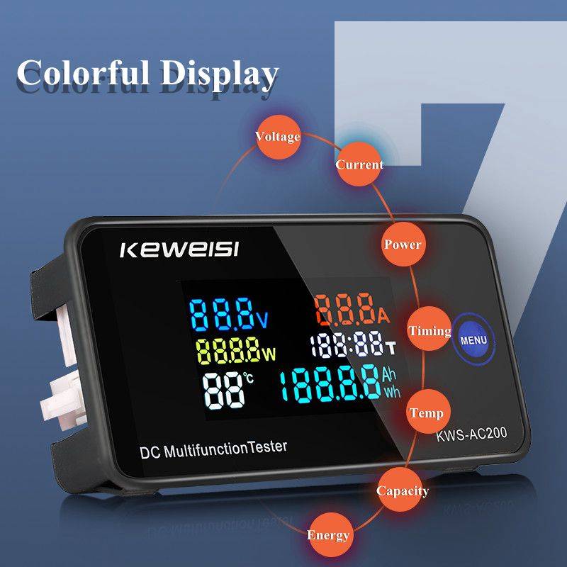 0-200V 0-100A DC Digital Display Voltage and Current Meter Color Screen Power Tempterature Tester Timer