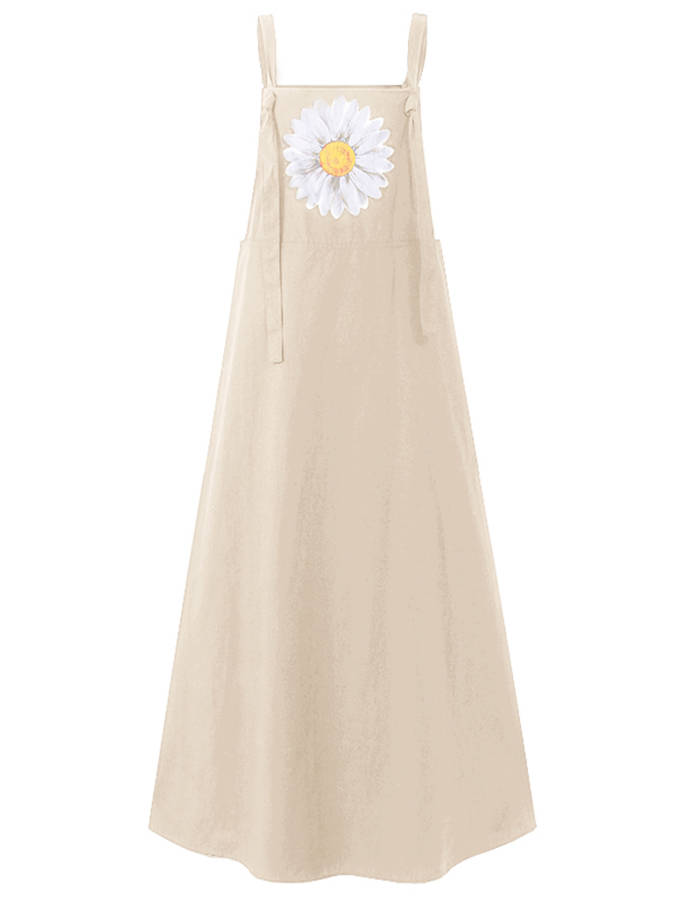Small Daisies Print Adjustable Strap Casual Loose A-line Maxi Dress with Pocket (Size S Color Khaki)