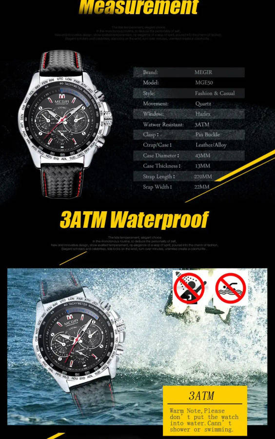 MEGIR 1010 Brand Men Watch Alloy Case Leather Strap Lumious Male Sport Casual Quartz Wrist Watch
