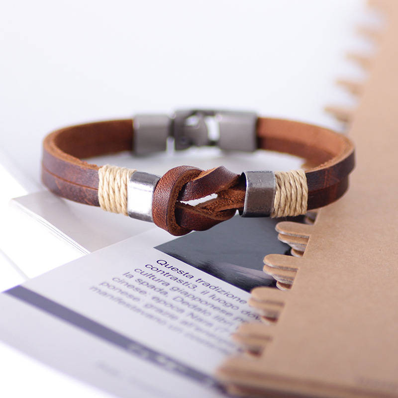 European Style Retro Vintage Leather Men Bracelet Buckle Double layers Chain (Color Brown)