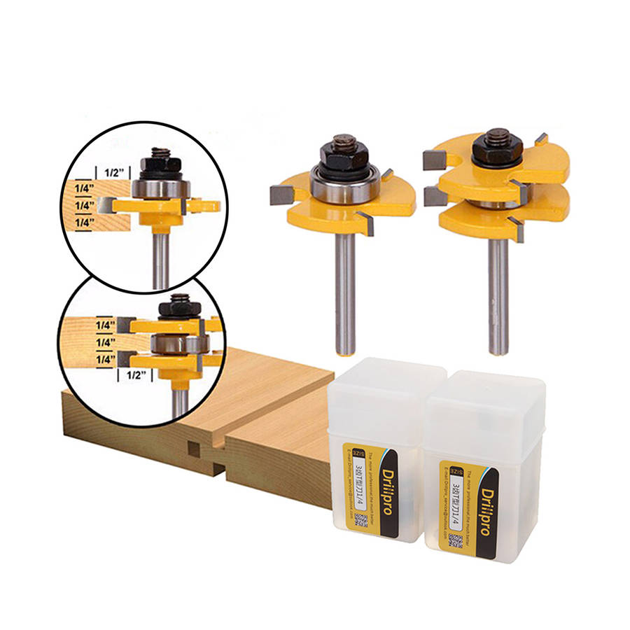Drillpro RB22 2Pcs Tongue & Groove Router Bit Set 1/4 Inch Shank 3 Teeth T-shape Wood Milling Cutter