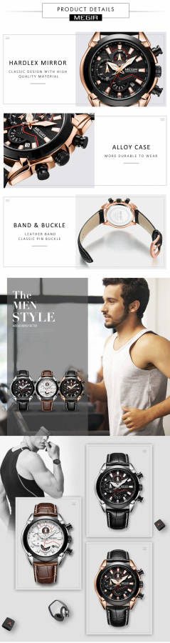 MEGIR 2065 Sport Watches Creative Chronograph Quartz Leather Strap Men Watch
