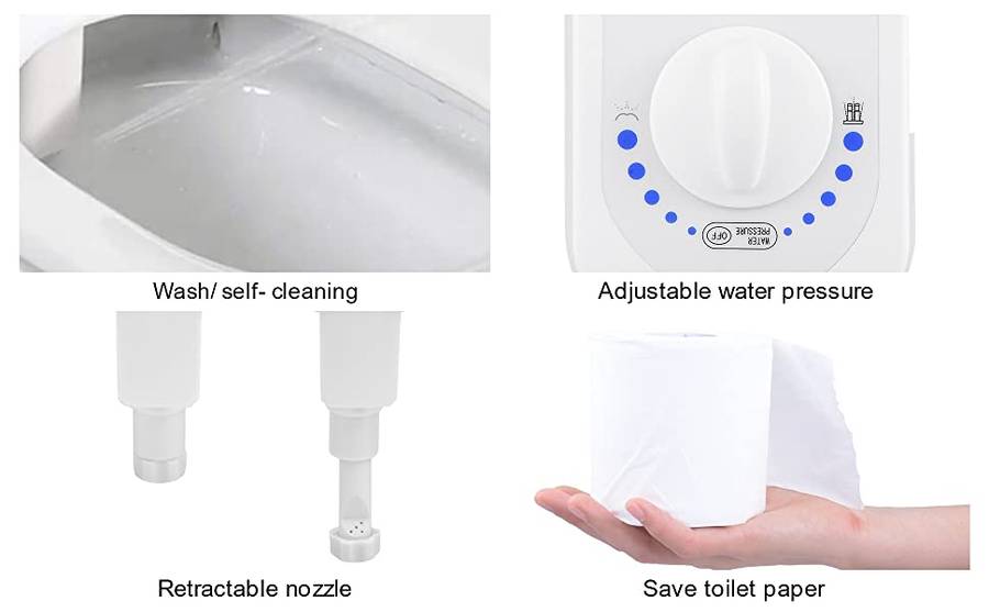 Bathroom Non-Electric Bidet Attachment for Home Mechanical Toilet Seat with Self-Cleaning Retractable Nozzle Water Pressure Adjustment