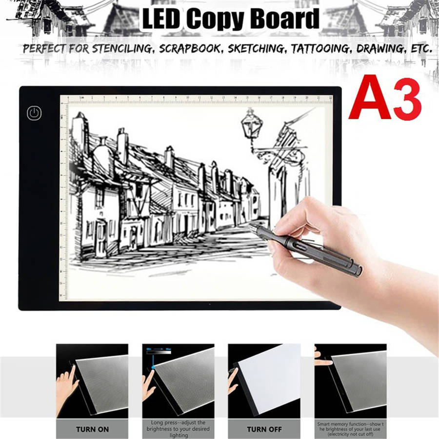 A3 LED Light Pad Tracing Stepless/Three Gear Dimmable Brightness Diamond Painting Board with Scale Art Copy Pad Writing Sketching LED Light Artboard 420*300*4mm