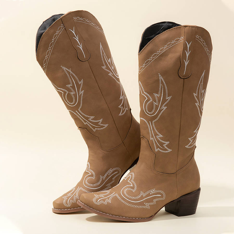 Plus Size Women Retro Embroidered Chunky Heel Mid Calf Cowboy Boots