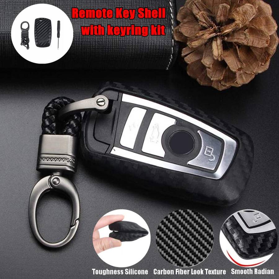 Carbon Silicone Remote Smart Key Fob Cover w/ Keychain For BMW 1/3/5/7/Series X3