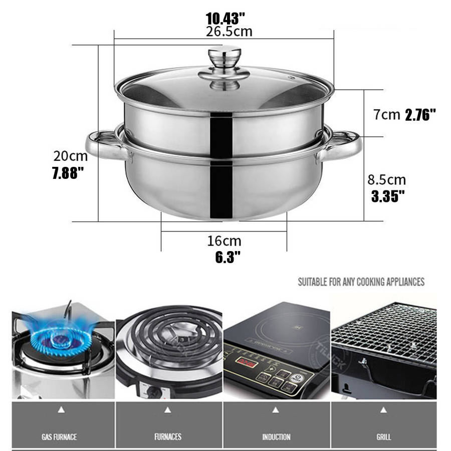 CHUZHIZUN Ztg--z101 Food Steamer Pot Pan Vegetable Cooker Glass 1/2 Tier 26.5CM Stainless Steel Lid