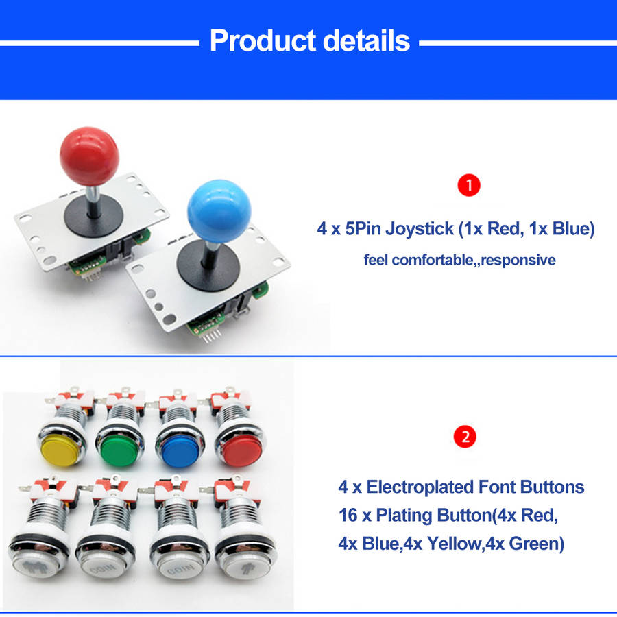 50pcs diy arcade joystick kit usb chip board 32mm led buttons 5pin joystick plating button usb cable