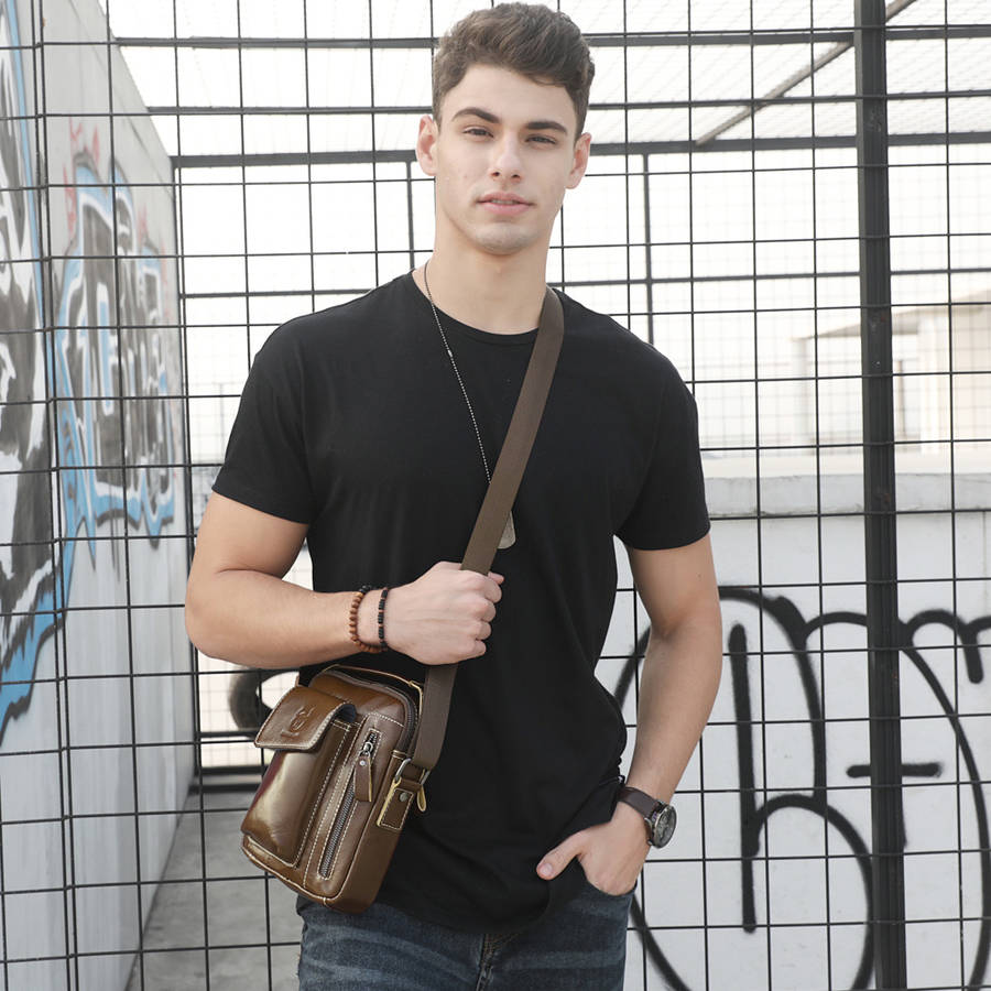 Bullcaptain Genuine Leather Business Messenger Bag Vintage Mini Shoulder Bag Crossbody Bag For Men