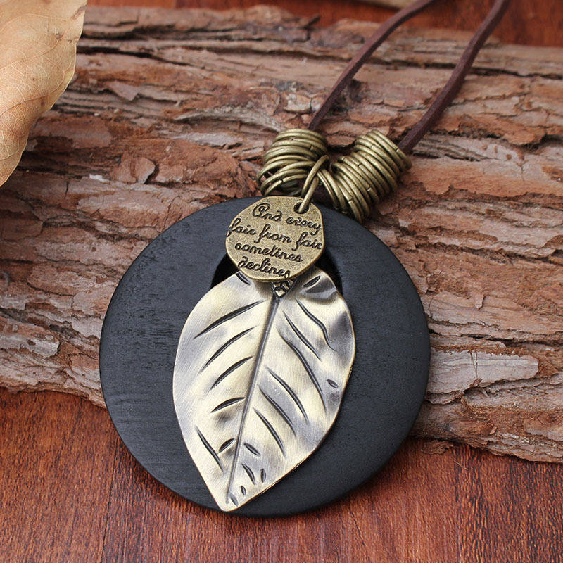 Ethnic Wood Alloy Leaf Pendant Necklaces Vintage Leather Rope Long Sweater Necklace For Men (NO. 01)