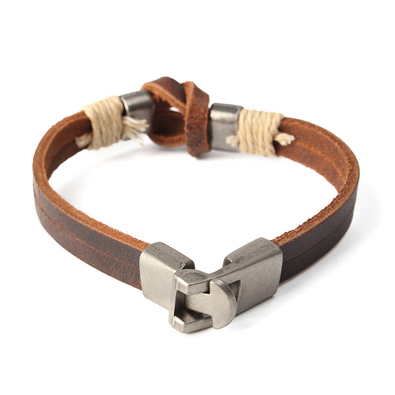 European Style Retro Vintage Leather Men Bracelet Buckle Double layers Chain (Color Brown)